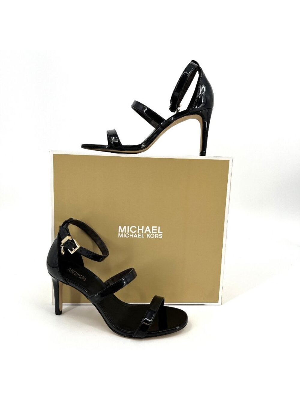 Michael Kors Koda Sandals Black Size 6.5M Faux Leather 3in Heel Ankle Strap